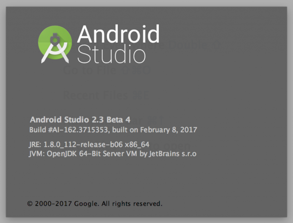 Android Studio 2.3 Welcome 